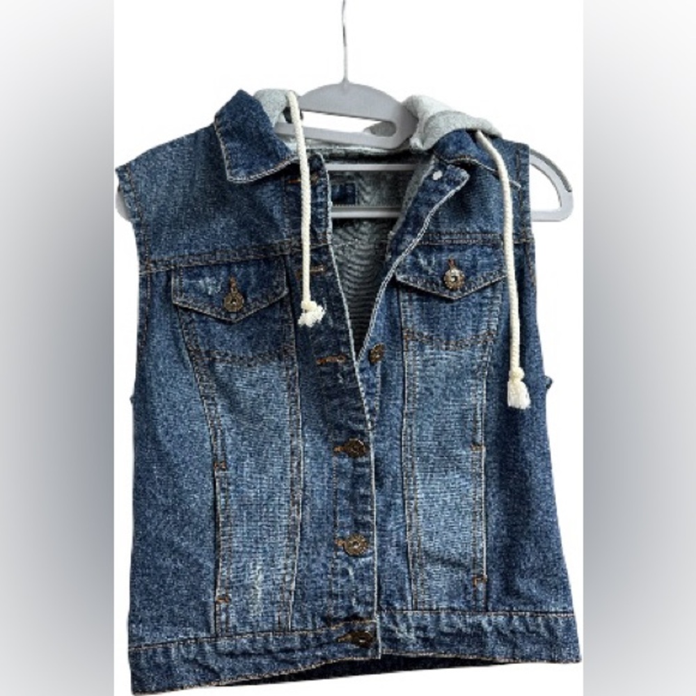 Bee & CeCi Denim Sleeveless Vest with Gray Hoodie - Picture 2 of 8